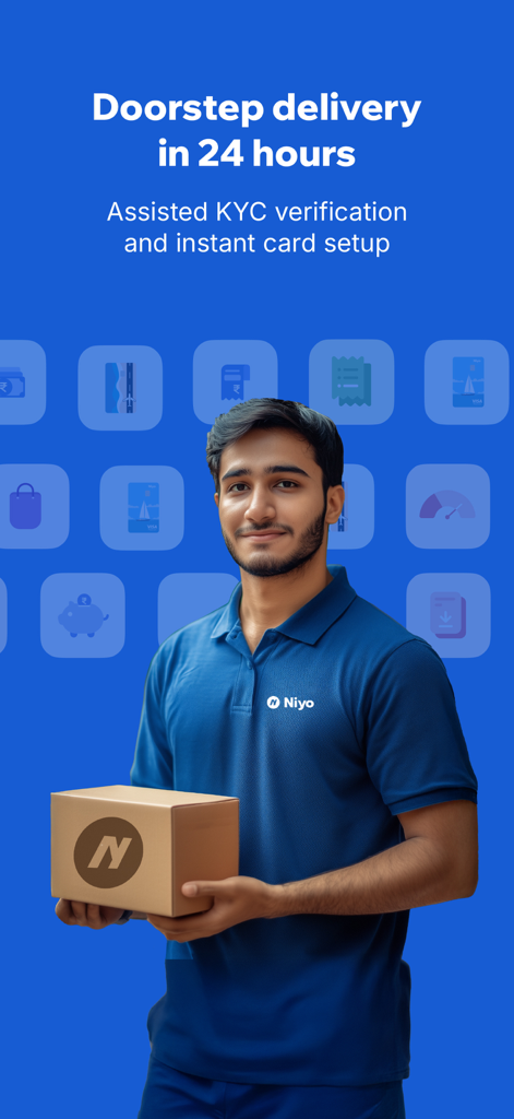 Niyo: Global cards for travel - A delivery person holding a package for Niyo global card 24-hour doorstep delivery and assisted KYC