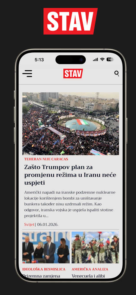 Aplicación móvil Stav mostrando noticias geopolíticas y artículos de análisis en bosnio