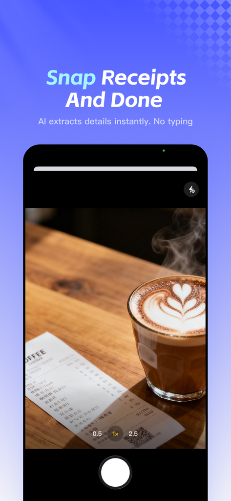 Tally AI: Expense & Budget Log - A mobile phone screen using Tally AI to scan a coffee receipt for instant expense logging.