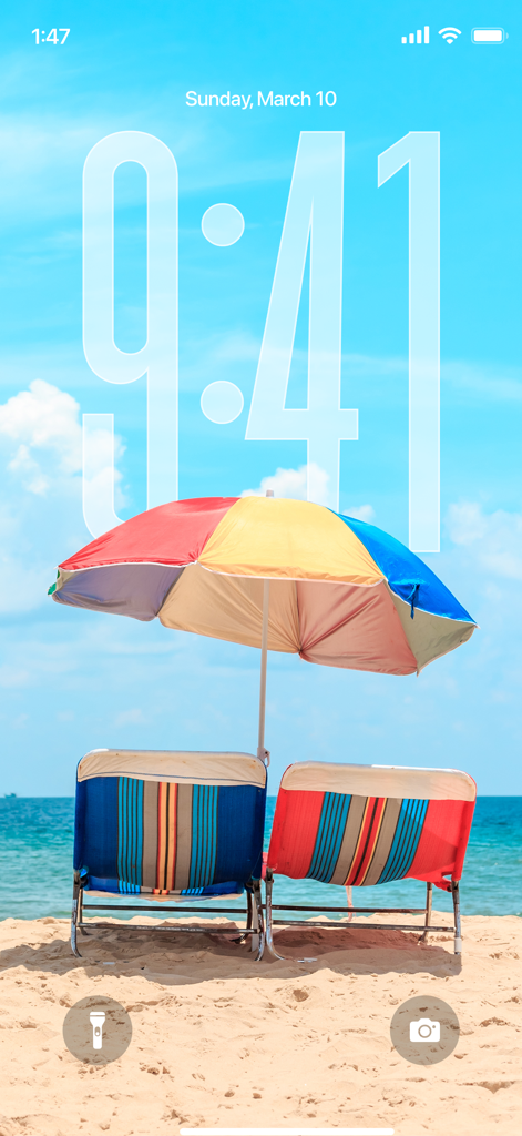 Wallpapers 4K HD Live Themes - An iPhone lock screen displaying a vibrant 4K beach wallpaper with two chairs and a colorful umbrella.