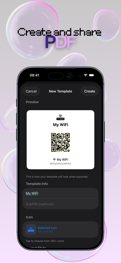 WiFi QR code generator app screen showing a new template creation for a PDF with a preview of the QR code and network details in dark mode.