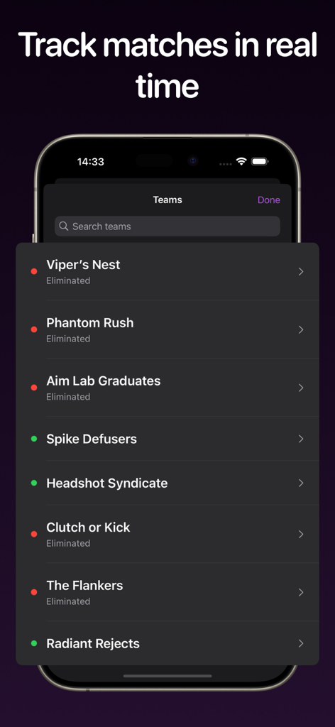 Tournament team list in the Clashly app showing eliminated and active participants