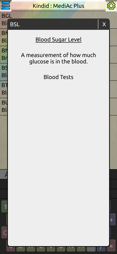 MediAc Plus - Ein Screenshot der MediAc Plus App, der ein Popup-Fenster mit der Definition von BSL als Blood Sugar Level (Blutzuckerspiegel) unter der Kategorie Bluttests anzeigt.