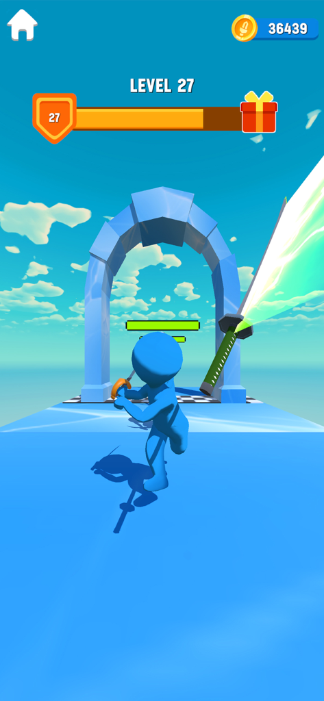 Blade Warriors 3D - A blue ninja character holding a sword on a path facing a stone archway in Blade Warriors 3D