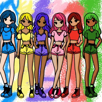 a group of girls wearing crop tops and shorts