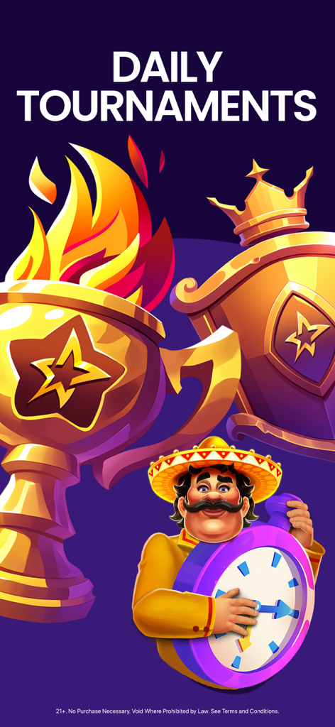Modo Social Casino Slots - La pantalla de torneos diarios de Modo Social Casino Slots presenta un trofeo dorado llameante y un personaje sosteniendo un cronómetro.