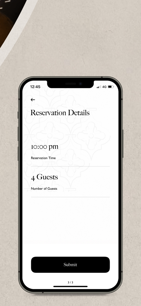 Reservation details screen on the TLT Concepts app for four guests at ten pm