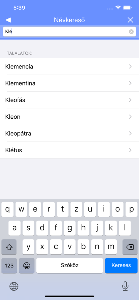 Névnaptár - The name finder interface of the Névnaptár app searching for Hungarian names