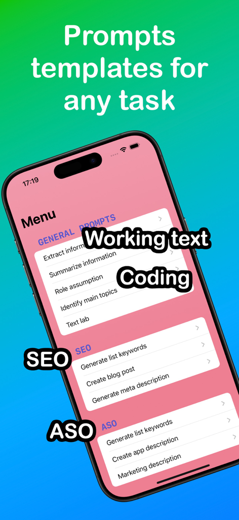 AI Prompt Builder - Mobile screen displaying a list of AI prompt templates for SEO ASO and professional tasks