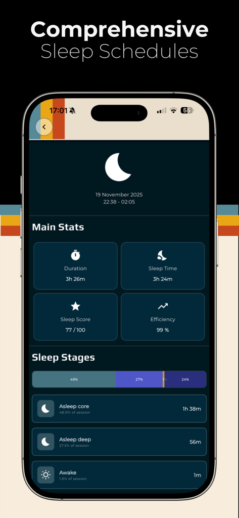 Re:Fit - ReFit app sleep tracking dashboard showing duration, sleep score, and detailed sleep stages.