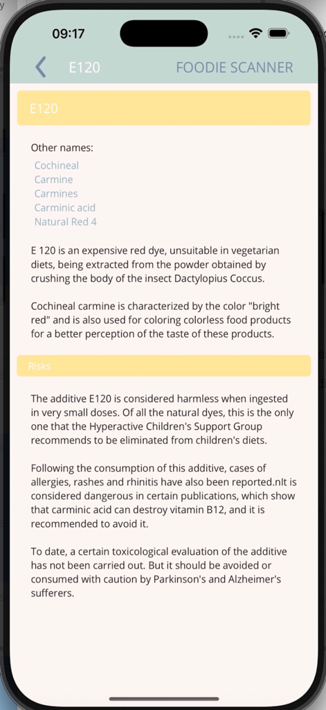 Foodie Scanner - Riesgos y descripción detallados para el aditivo alimentario E120 en la aplicación Foodie Scanner