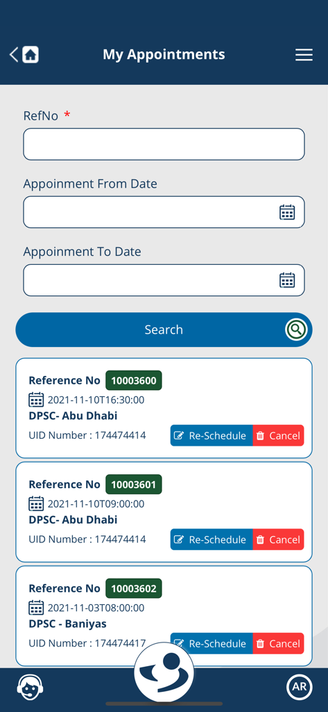 SEHA Visa Screening app interface showing a list of medical screening appointments with reschedule and cancel options.