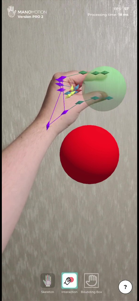 ManoMotion Tech Pro - Hand tracking interface showing 21-joint skeletal mapping and interaction with virtual objects