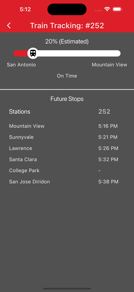 Caltrain Commuter - Real-time train tracking screen in Caltrain Commuter app showing progress and future station arrival times.