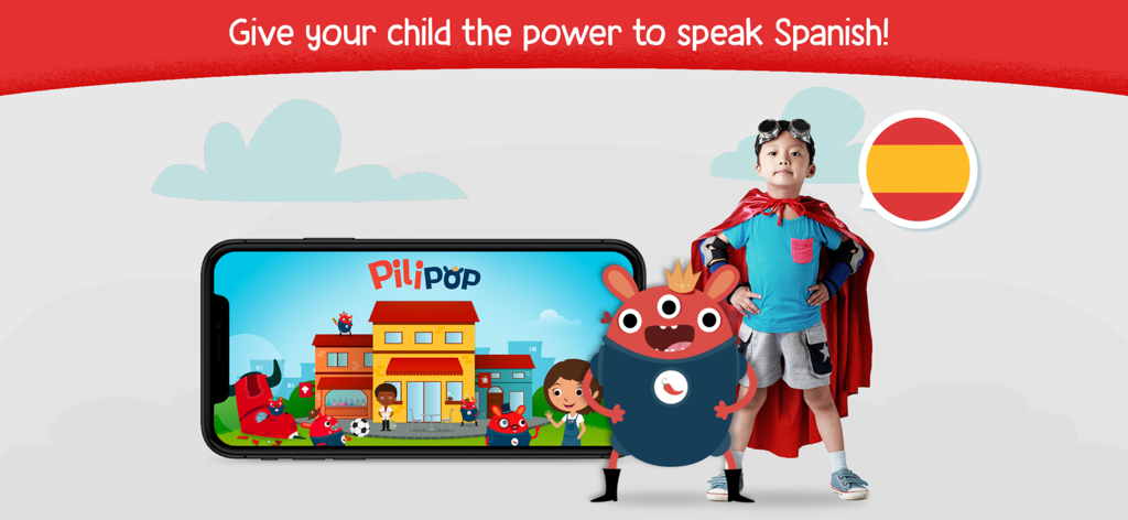 Niño con disfraz de superhéroe junto a un teléfono que muestra la aplicación de aprendizaje de español Pili Pop