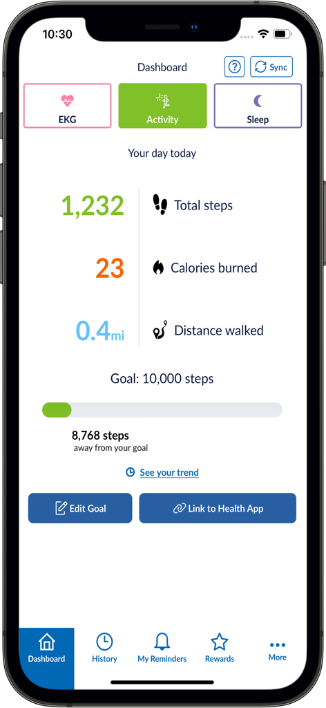 OMRON connect US/CAN/EMEA - 毎日の歩数、消費カロリー、フィットネス目標を表示するOMRON connectアプリのダッシュボード