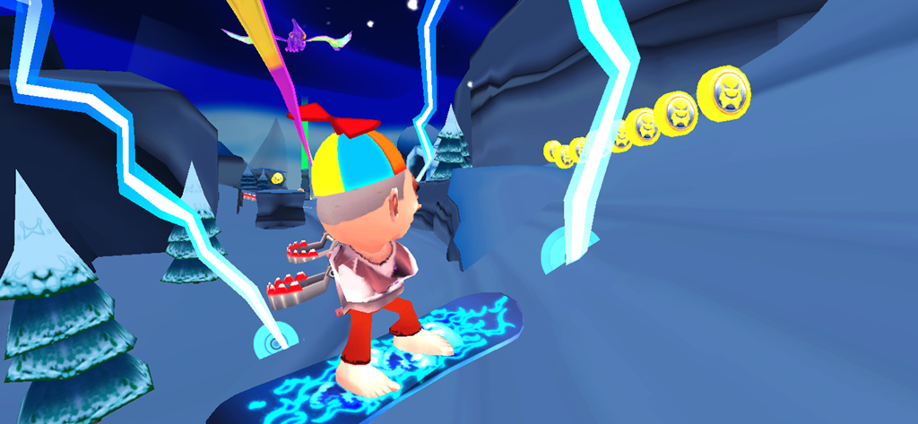 Skiing Fred - Fred haciendo snowboard por un paisaje nevado con rayos y monedas de oro en Skiing Fred