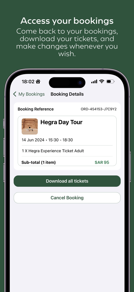 Experience AlUla - Smartphone screen displaying booking details for a Hegra Day Tour in the Experience AlUla app.