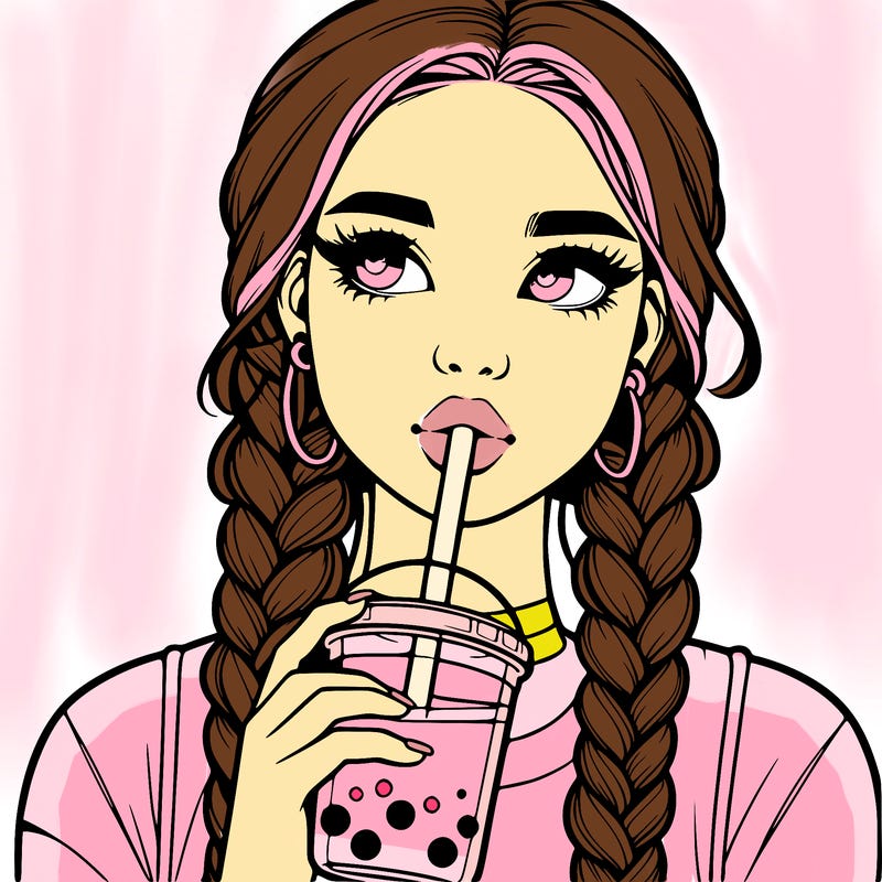 realistic girl with braided hair drinking boba