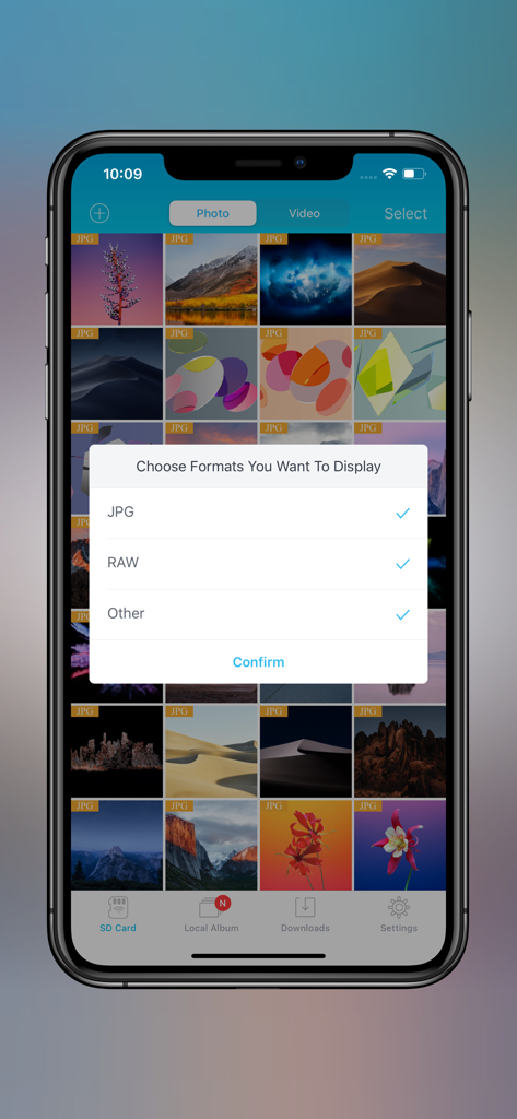 ezShare Lite plus photo format selection menu for JPG and RAW files
