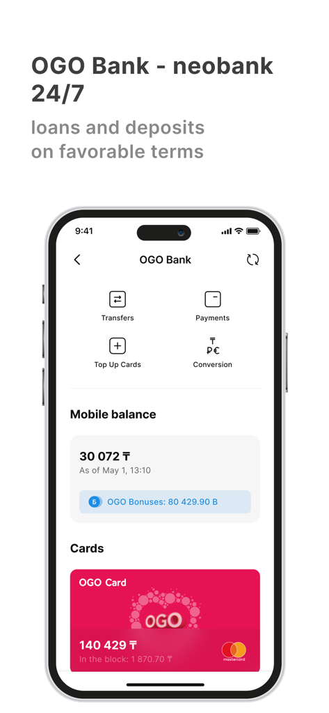 Kcell - Kcell mobile app OGO Bank interface showing mobile balance, bonuses, and digital card management