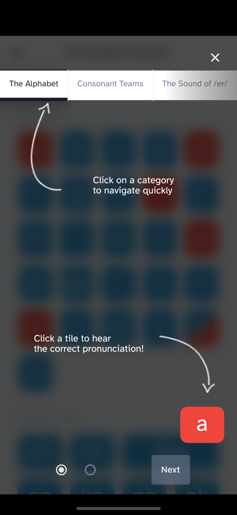 Phonogram Sounds - Tutorial screen showing how to navigate categories and click tiles for letter sounds
