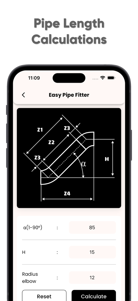 Easy Pipe Fitter - Easy Pipe Fitter app interface showing a technical diagram for calculating pipe lengths and elbow offsets