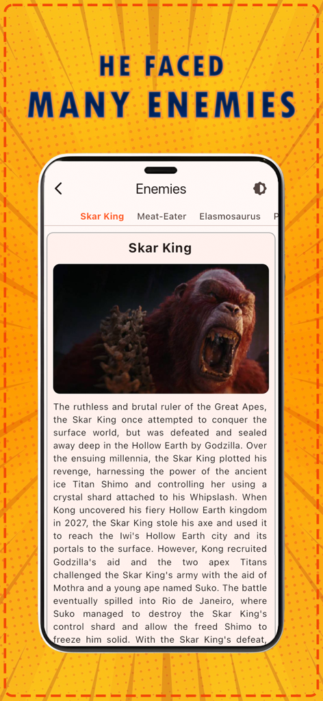 Kong Wiki | KongPedia - Kong Wiki app screen displaying information and bio for the enemy character Skar King.