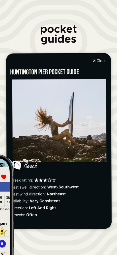 Surf-Forecast.com - Surf-Forecast app displaying a pocket guide for Huntington Pier surf break with swell and wind details
