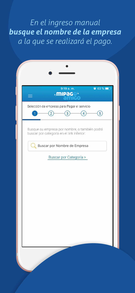 mipagoamigo - Interfaz de la aplicación mipagoamigo mostrando la barra de búsqueda para encontrar y seleccionar empresas para pagos de facturas en Colombia