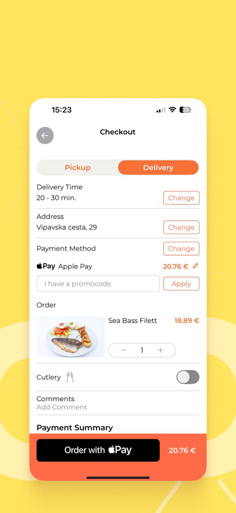 2GO Local Food Delivery - Pantalla de pago de 2GO Local Food Delivery mostrando un pedido de lubina y la opción de Apple Pay