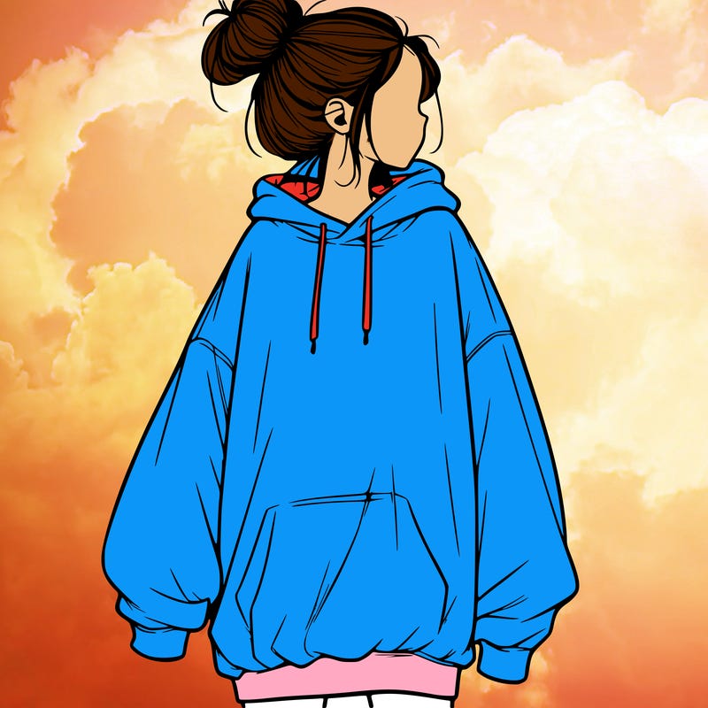 realistic girl with a oversized sweatshirt on and a bun