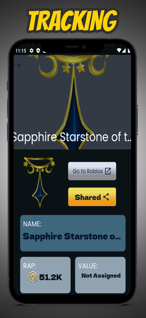 Interfaz de la aplicación Robux Trade que muestra el seguimiento de precios en tiempo real y RAP para un artículo del catálogo de Roblox