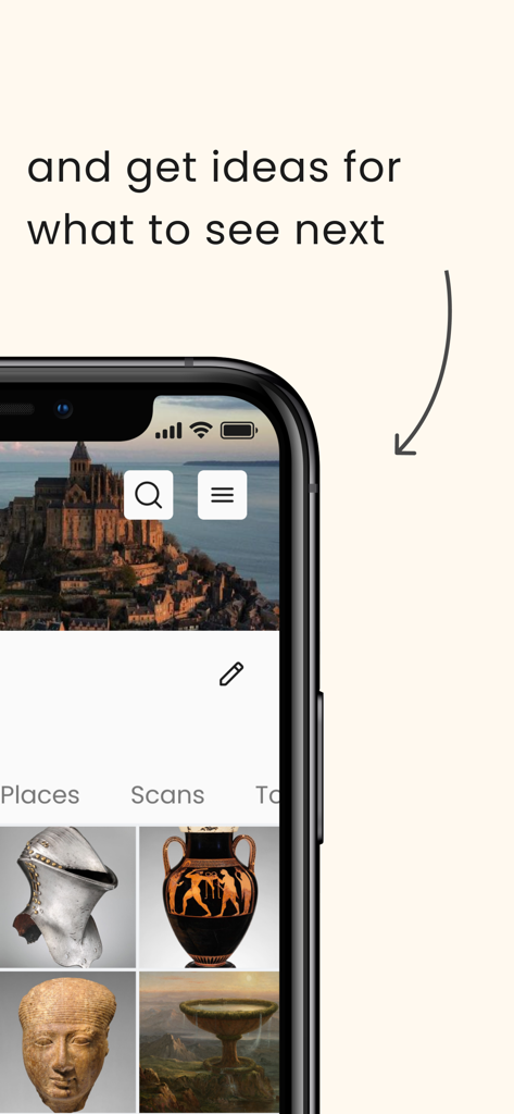 Smartify: Arts and Culture - Smartphone-Bildschirm, der eine kuratierte Galerie von Kunst- und Artefakten in der Smartify-App anzeigt