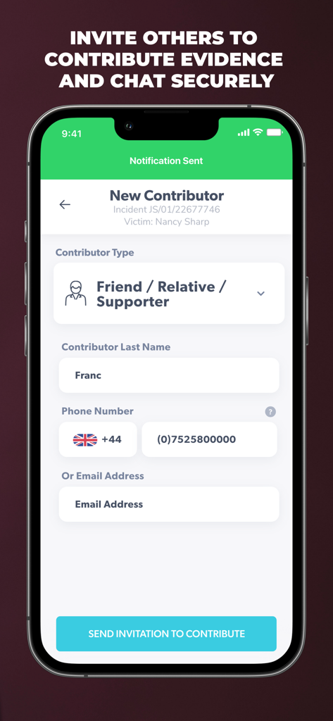 Injury Capture - Interface for inviting a friend or supporter to contribute evidence in the Injury Capture app