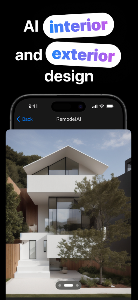 Diseño exterior moderno de una casa generado por IA en la pantalla de una aplicación móvil