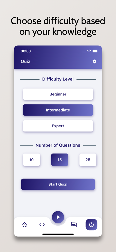 Learn JavaScript - OnePercent - JavaScript quiz configuration screen showing difficulty levels and question count options