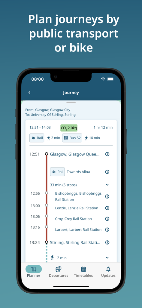Traveline Scotland - A journey planning screen in the Traveline Scotland app showing a route from Glasgow to Stirling using rail and bus with carbon emission data