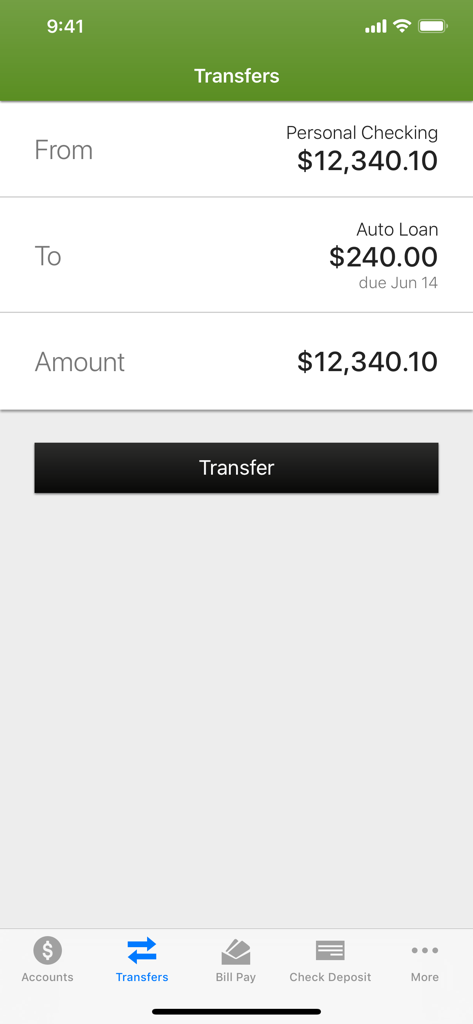 OurFirstFed mobile banking transfer funds screen