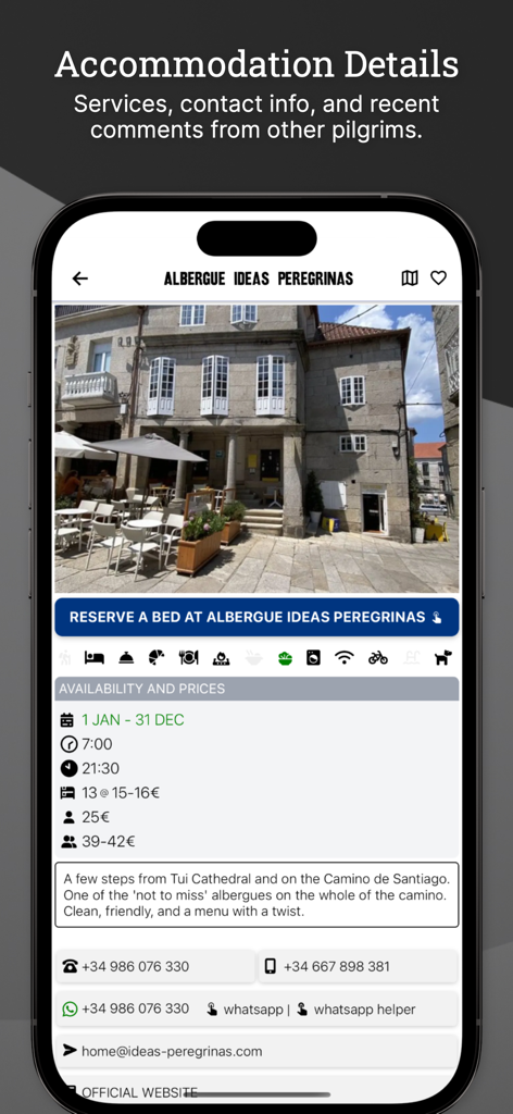 Wise Pilgrim Camino Portugués - Wise Pilgrim 앱의 숙박 시설 세부 정보 화면으로 알베르게 아이디어스 페레그리나스의 사진과 예약 정보를 보여줍니다.