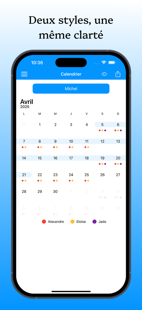 KidCal: Co-Parent Calendar App - Monthly co-parenting calendar in the KidCal app showing color coded custody schedules for multiple children.