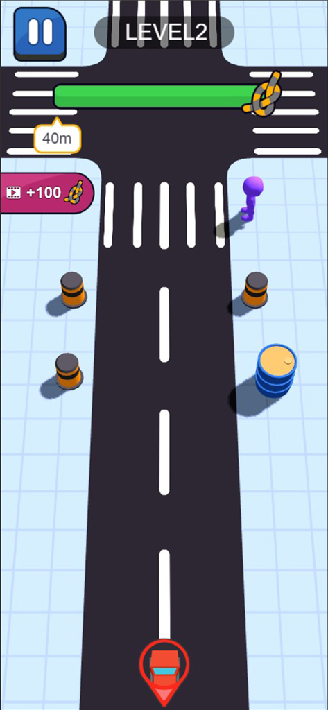 A 3D physics puzzle game level showing a red car on a road approaching a pedestrian crossing