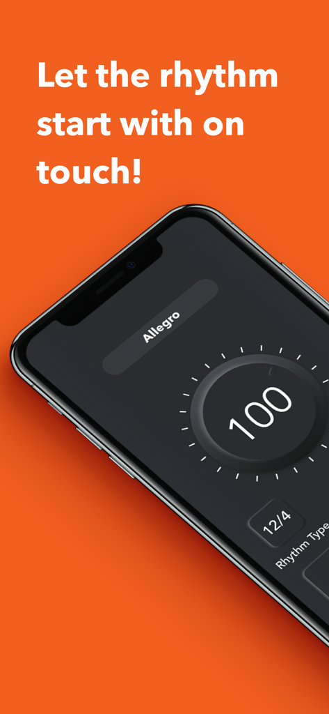 Metronome: Rhythm - Smartphone showing the Metronome Rhythm app interface with a 100 BPM tempo dial and Allegro setting