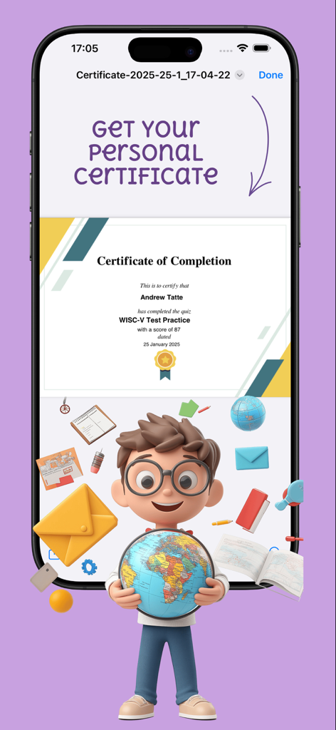 A personalized certificate of completion displayed in the WISC-V Test Practice Pro app