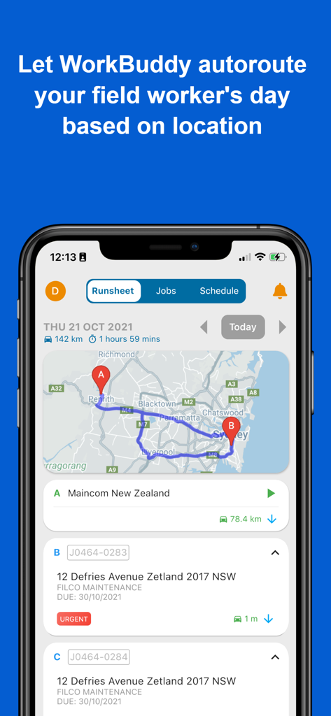 WorkBuddy app interface showing automated field worker routing and daily job schedule on a map.