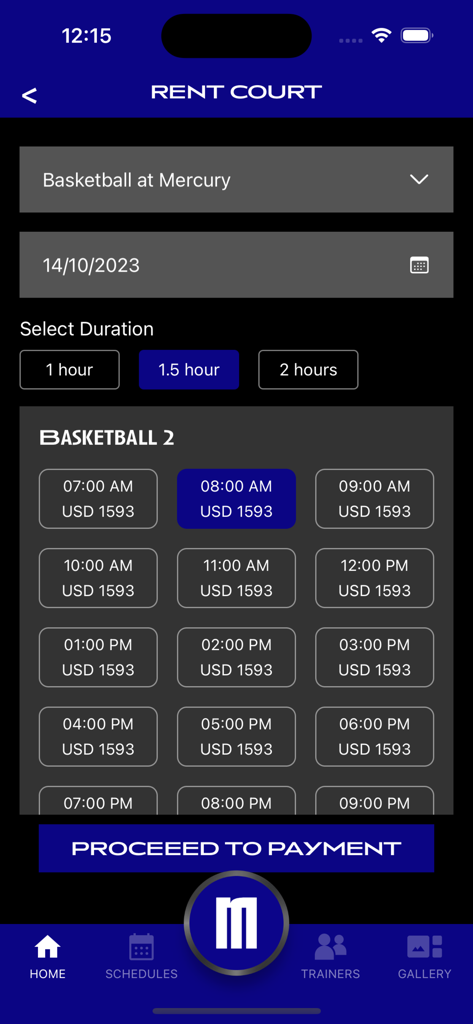 Mercury Club Beirut - Écran de l'application mobile Mercury Club Beirut pour la location d'un terrain de basketball avec créneaux horaires disponibles et option de paiement