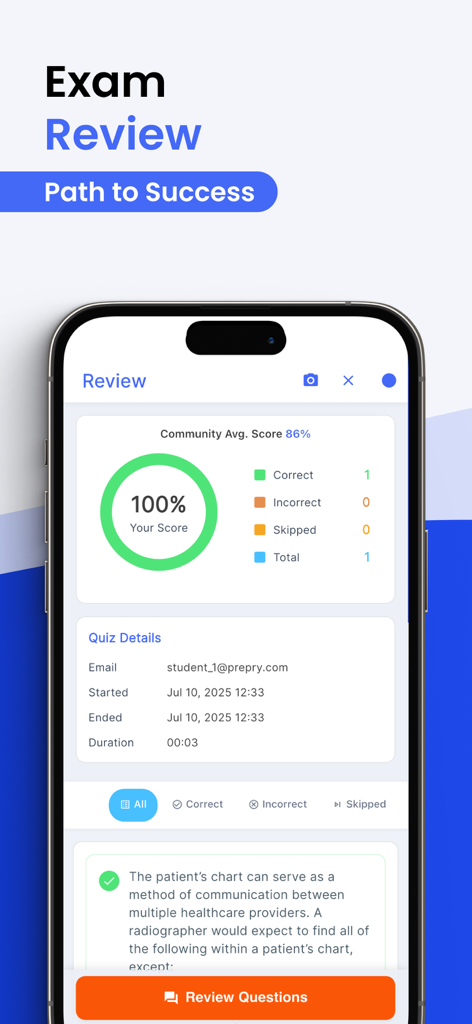 Prepry - Radiography Exam Prep - Exam review screen in the Prepry app displaying a perfect score and quiz performance data