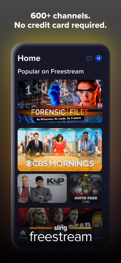 Sling: Live TV, Sports & News - Sling TV Mobile App Startbildschirm mit kostenlosen beliebten Shows und Filmen wie Forensic Files und South Park im Bereich Freestream.