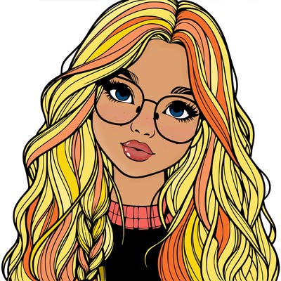 girl with long hair and freckles and glasses realistic