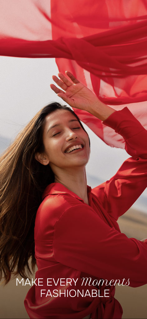Smiling woman in red outfit with Make Every Moments Fashionable text